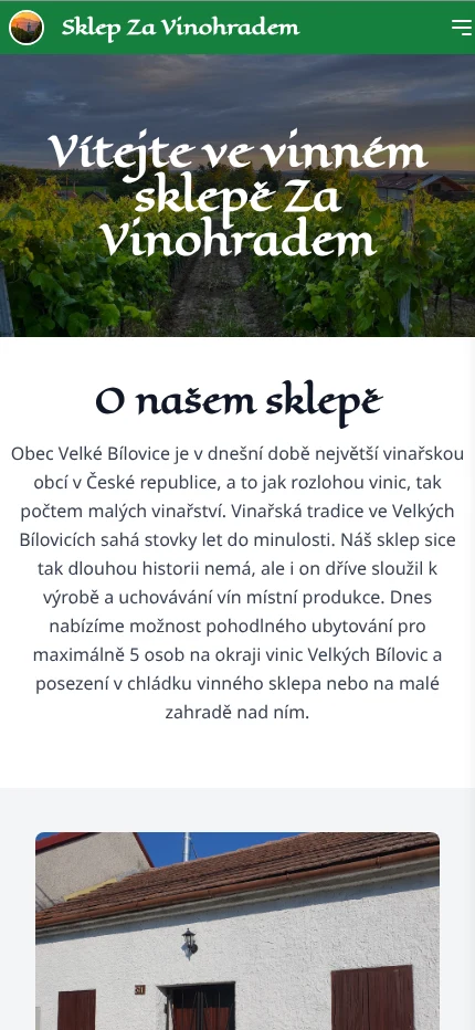 Mobilní web Sklep Za Vinohradem: nabídka ubytování, informace pro hosty a fotografie sklepa